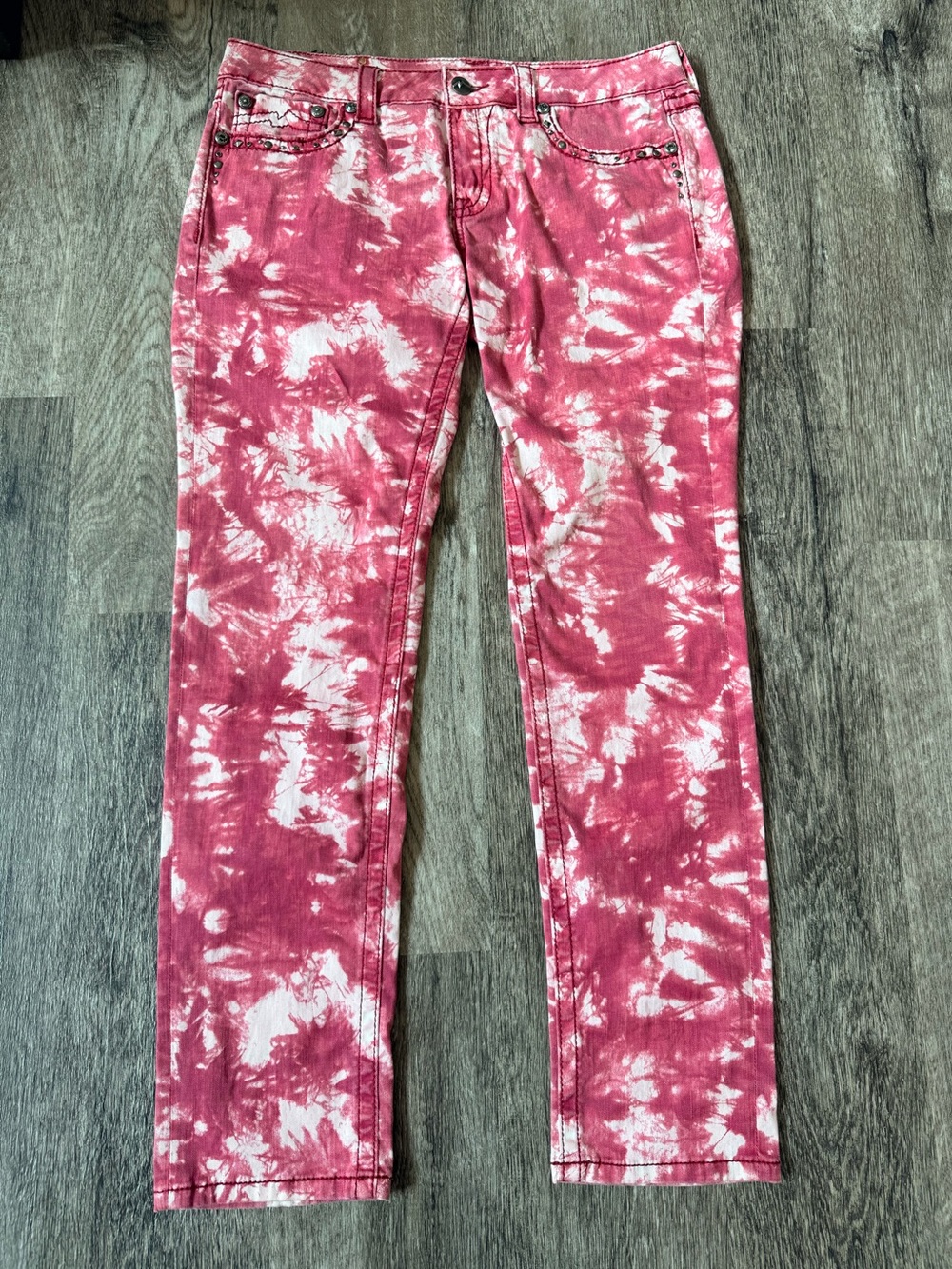 Miss Me Red Tie Dyed Skinny Jeans rhinestones 
Flap Pockets Logo Stretch Sz 33